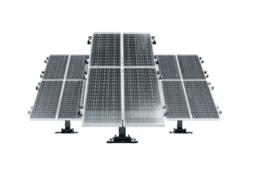 Several rectangular photovoltaic panels, mounted and angled, isolated on a deep black background