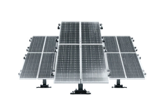 Several rectangular photovoltaic panels, mounted and angled, isolated on a deep black background
