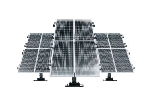 Several rectangular photovoltaic panels, mounted and angled, isolated on a deep black background