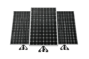 Three photovoltaic solar panels, arrayed centrally, against a solid black backdrop
