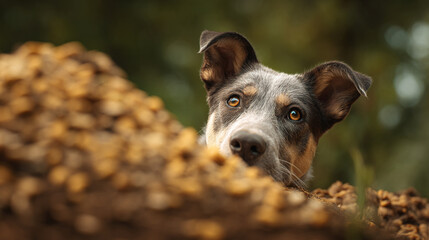A cattle dog peers over a mound of kibble with a curious expression and attentive ears set against green