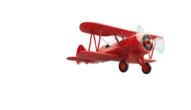A vibrant red vintage biplane floats against a black void. Detailed model, propeller, and wings