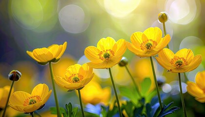 A cluster of vibrant yellow buttercup flowers are in full bloom, with delicate petals and green centers, set against a softly blurred background of green foliag