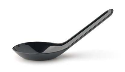 Side view of black plastic disposable soup spoon