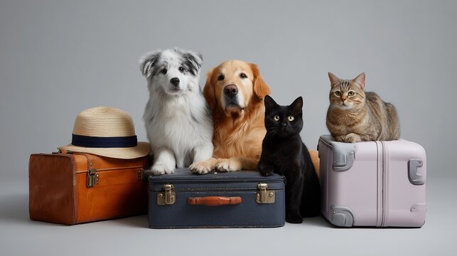 Pets ready for travel with luggage and accessories in a playful studio setting - Powered by Adobe