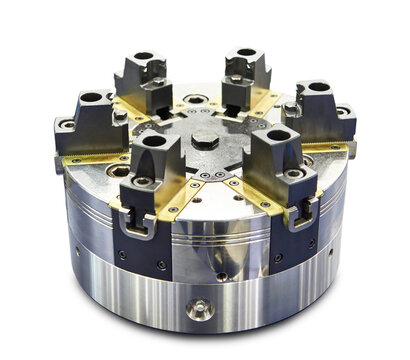 Metal lathe 6-jaw power chuck isolated on white