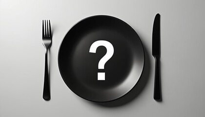 Black plate with white question mark sits between fork and knife. What to eat, mystery meal concept. Minimalist table setting, empty dish for lunch dinner.
