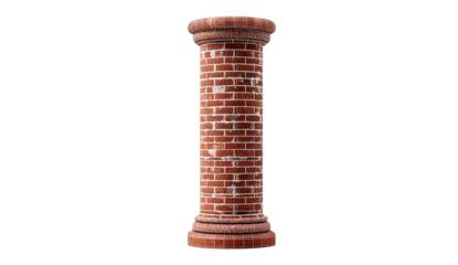 A tall, brick pillar stands isolated against a black background, with ornate detailing