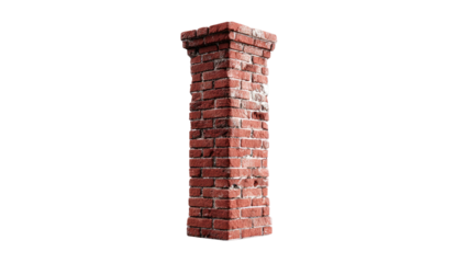 Tall, sturdy brick structure isolated against a black background. Textured and weathered appearance