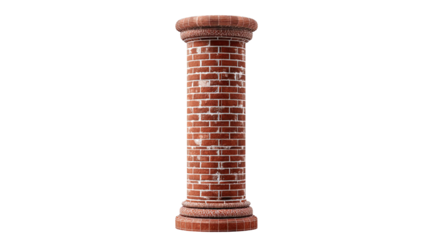 A tall, brick pillar stands isolated against a black background, with ornate detailing