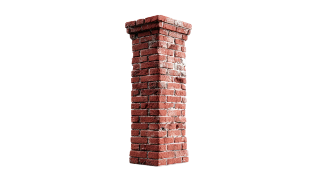 Tall, sturdy brick structure isolated against a black background. Textured and weathered appearance