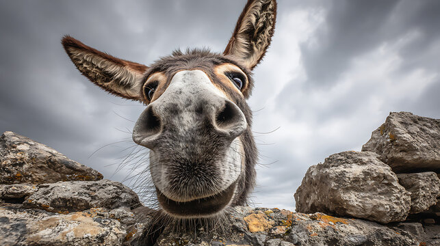 Funny donkey face peeking over rocks animal mammal - Powered by Adobe