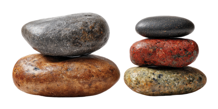 Two stacks of naturally colored stones, possibly river rocks, balanced with careful placement