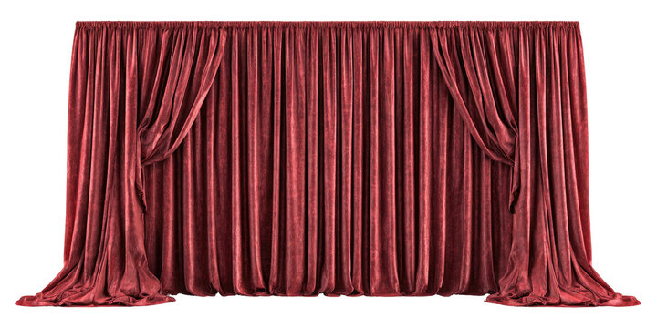 Rich, draped crimson curtains, velvet-like texture, with classic stage-like structure