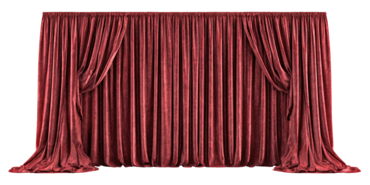 Rich, draped crimson curtains, velvet-like texture, with classic stage-like structure