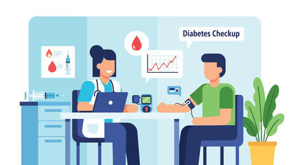 Fototapeta premium Doctor performing diabetes checkup on a patient, measuring blood pressure and reviewing chart, medical consultation
