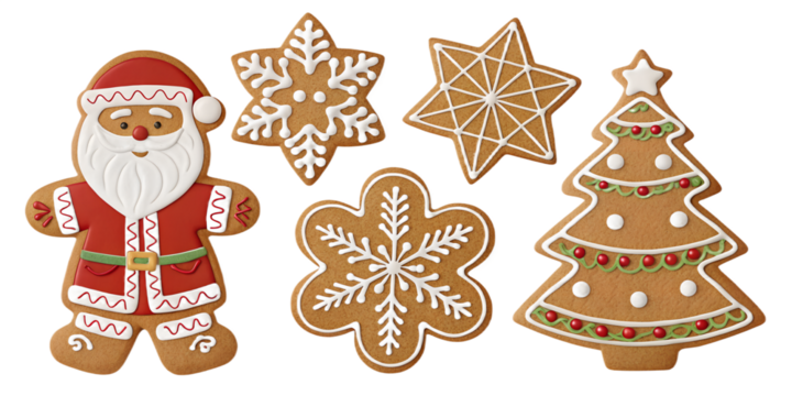 Gingerbread Christmas cookies set isolated on transparent background. Cute festive biscuits in shapes of snowflake, star, Santa, man, and tree. Decorative holiday cookies for winter, Christmas, and Ne