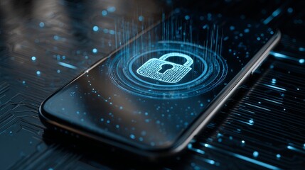 Cybersecurity unlock modern mobile device, data protection, blue hologram padlock design, secure mobile banking, digital privacy, technology advance