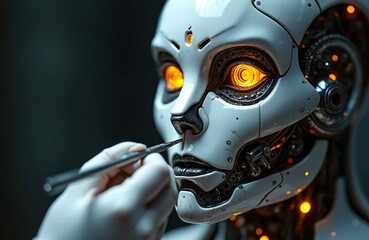 Fototapeta premium Close up on robot face being worked on by human. Advanced robotic being on inspection with surgical tools. Concept explores future trends tech advancement with robotics, AI.