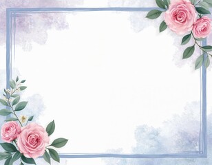 Soft pastel background with pink roses and green leaves. Elegant blue frame for text. Gentle watercolor floral design creates a peaceful and comforting mood.