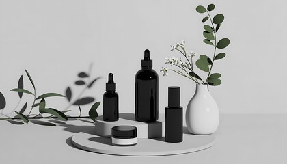 Minimalist product photography setup featuring dark bottles and delicate floral accents for skincare