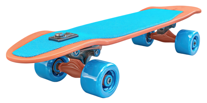 A brightly colored skateboard with a blue deck and wheels, set against a transparent background