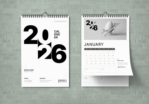 2026 Minimal Wall Calendar Template Design with 12 Months Layout