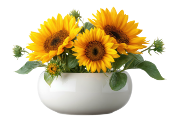 A vibrant, close-up shot of several bright yellow sunflowers in a simple white vase