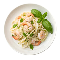 Shrimp Pasta Dish with Fresh Basil. Authentic Italian Seafood Meal. on transparent background