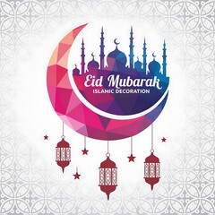Beautiful eid mubarak greeting card design featuring a crescent moon and islamic mosque silhouettes lanterns