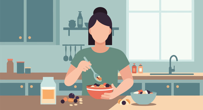 Woman eating a healthy breakfast bowl of cereal and fruit in a kitchen setting, promoting healthy eating habits