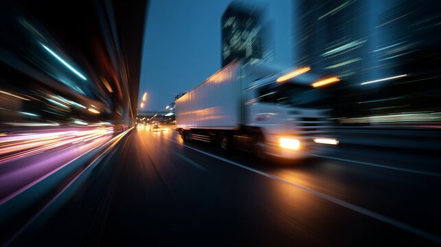Fast-moving truck on a city street during nighttime