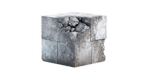A weathered, fractured concrete block, showcasing rough texture, with visible cracks and chips
