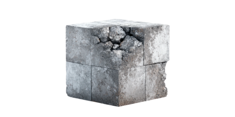 A weathered, fractured concrete block, showcasing rough texture, with visible cracks and chips