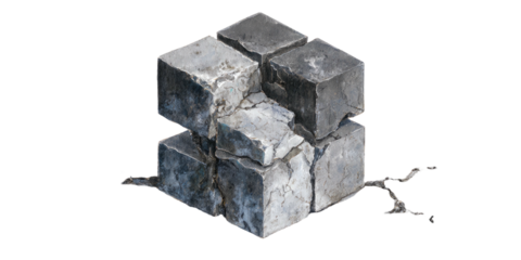 A weathered stone structure, composed of roughly hewn blocks, showing cracks and exposed surfaces