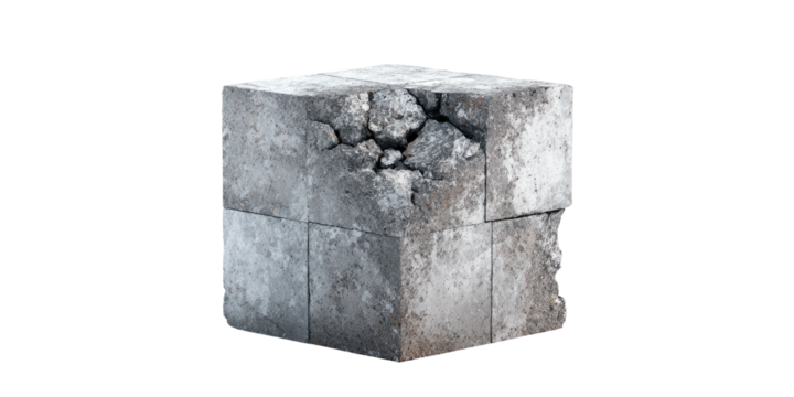 A weathered, fractured concrete block, showcasing rough texture, with visible cracks and chips