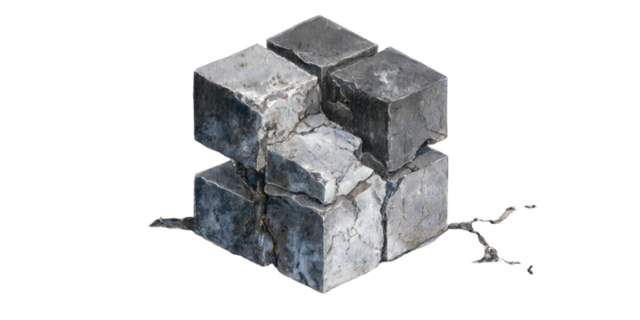 A weathered stone structure, composed of roughly hewn blocks, showing cracks and exposed surfaces