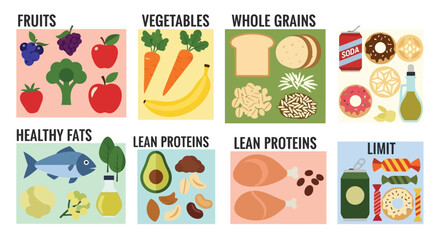 A visual guide categorizing food groups into fruits, vegetables, whole grains, healthy fats, lean proteins, and items to limit