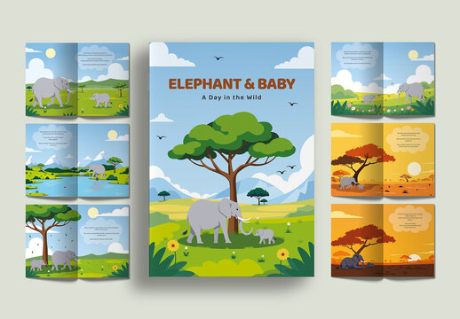 Elephant and Baby Wildlife Adventure Childrens Storybook Magazine Template with Illustrations
