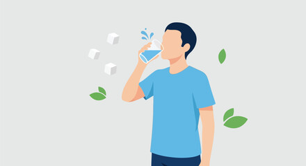 A person drinking water from a glass, with ice cubes and green leaves floating around, symbolizing refreshment and healthy hydration