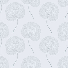 Seamless pattern with grey leaves of kidney fern on a light blue background. Vector foliage background.	