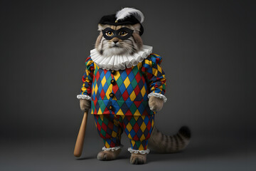 A Pallas's cat in a harlequin costume stands against a gray background