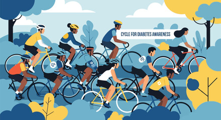 A diverse group of cyclists participating in a cycle for diabetes awareness event, riding through a stylized outdoor landscape with trees and a blue sky