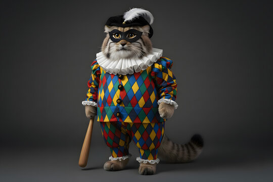 A Pallas's cat in a harlequin costume stands against a gray background