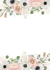 Watercolor floral background, pattern, texture, pastel colors, hand drawn, frame, template