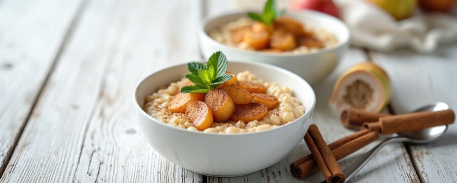 Quinoa porridge bowls sit on a white wooden table. Apples and cinnamon add flavour. Mint leaves garnish it. A healthy breakfast dish with pears and silver spoon placed nearby. - Powered by Adobe