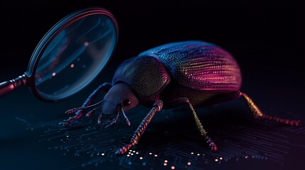 A magnifying glass examining a bug symbolizes the debugging process in software development.