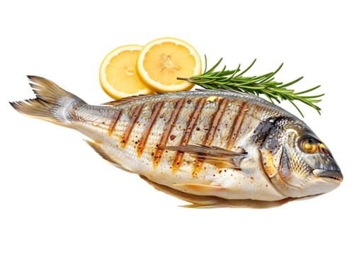 Whole grilled sea bream fish with lemon slices and rosemary isolated on transparent background