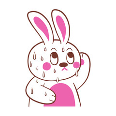 Anxious cartoon rabbit character sweating profusely from stress, worry, and intense heat