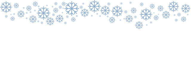 Fototapeta premium Winter snow border with pale blue snowflakes of varying sizes drifting down from the top edge against a clean white background. Minimalist, cold-toned design suitable for Christmas, New Year